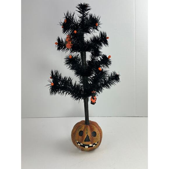 Bethany Lowe Halloween Feather Tree Black with Pumpkin Base and Ornaments - Picture 1 of 9